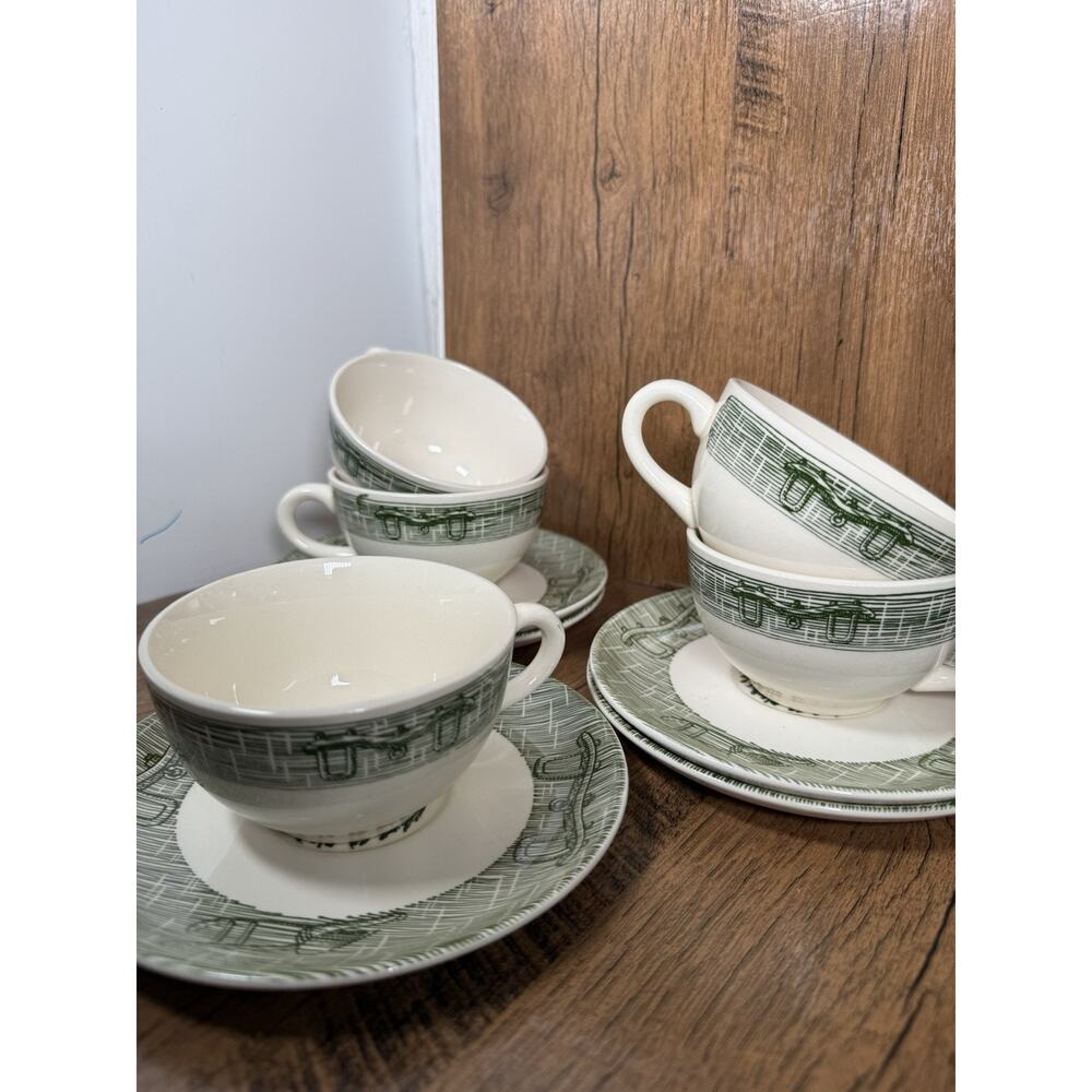 Currier & Ives Green Teacup Set Plows & Ox Yoke Rim 5 Cups & Saucers